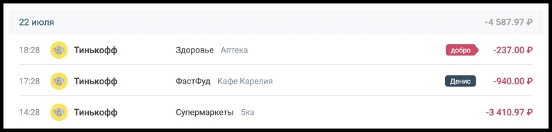 Итоговая сумма доходов и расходов за день в MoneyKeeper
